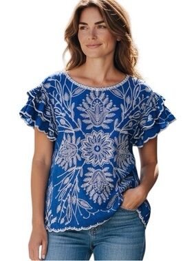 Anthropologie Solitaire Blue White Embroidered Flutter-Sleeve Women's Top XL